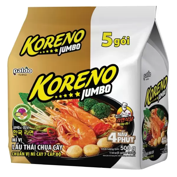 Lốc 5 Mì Koreno Jumbo Lẩu Thái Chua Cay Gói 100G Lốc 5 Mì Koreno Jumbo Lẩu Thái Chua Cay Gói 100G